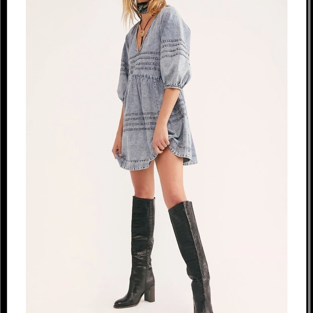 Free People Sweet Surender in Light Blue Acid Wash Denim Mini Dress XS